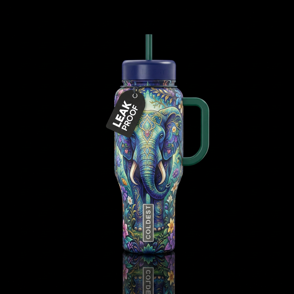 elephant, secret garden,, magical, fantasy water bottle design