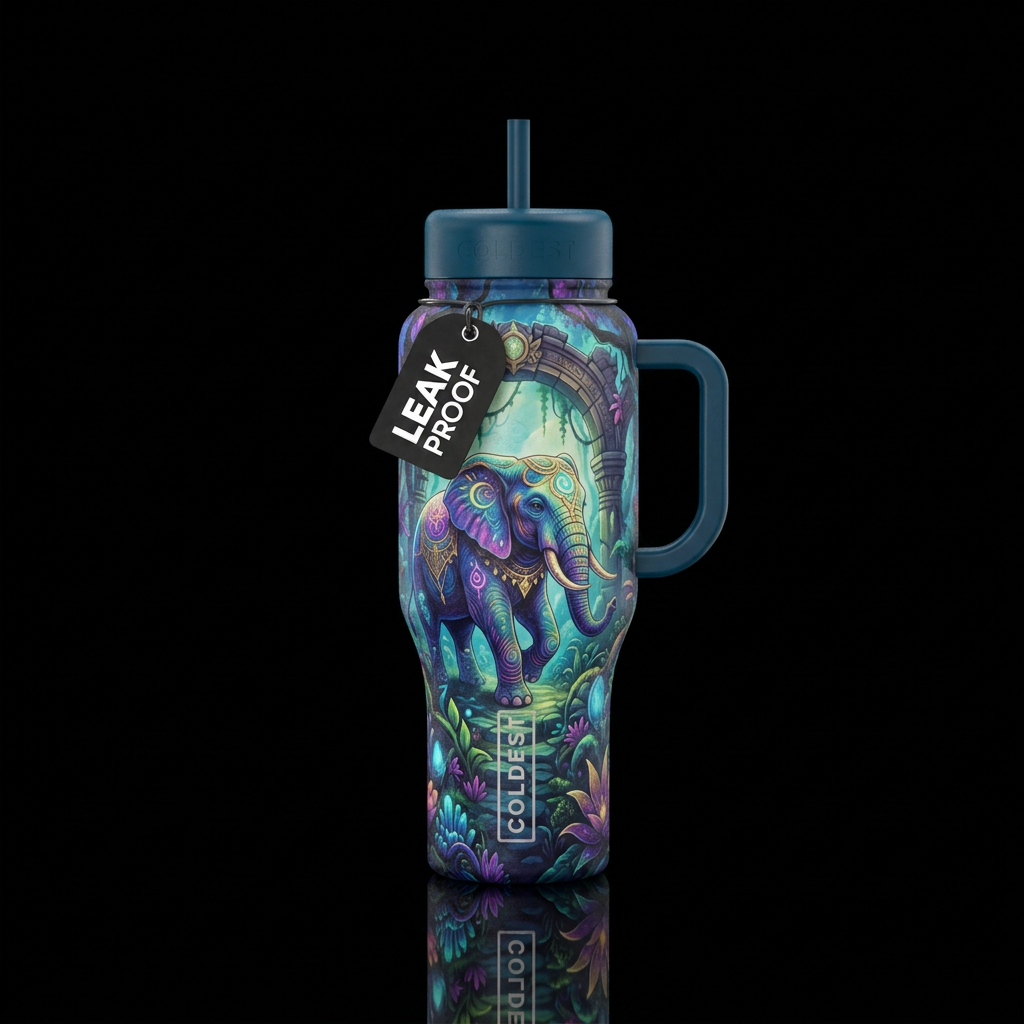 elephant, secret garden,, magical, fantasy water bottle design