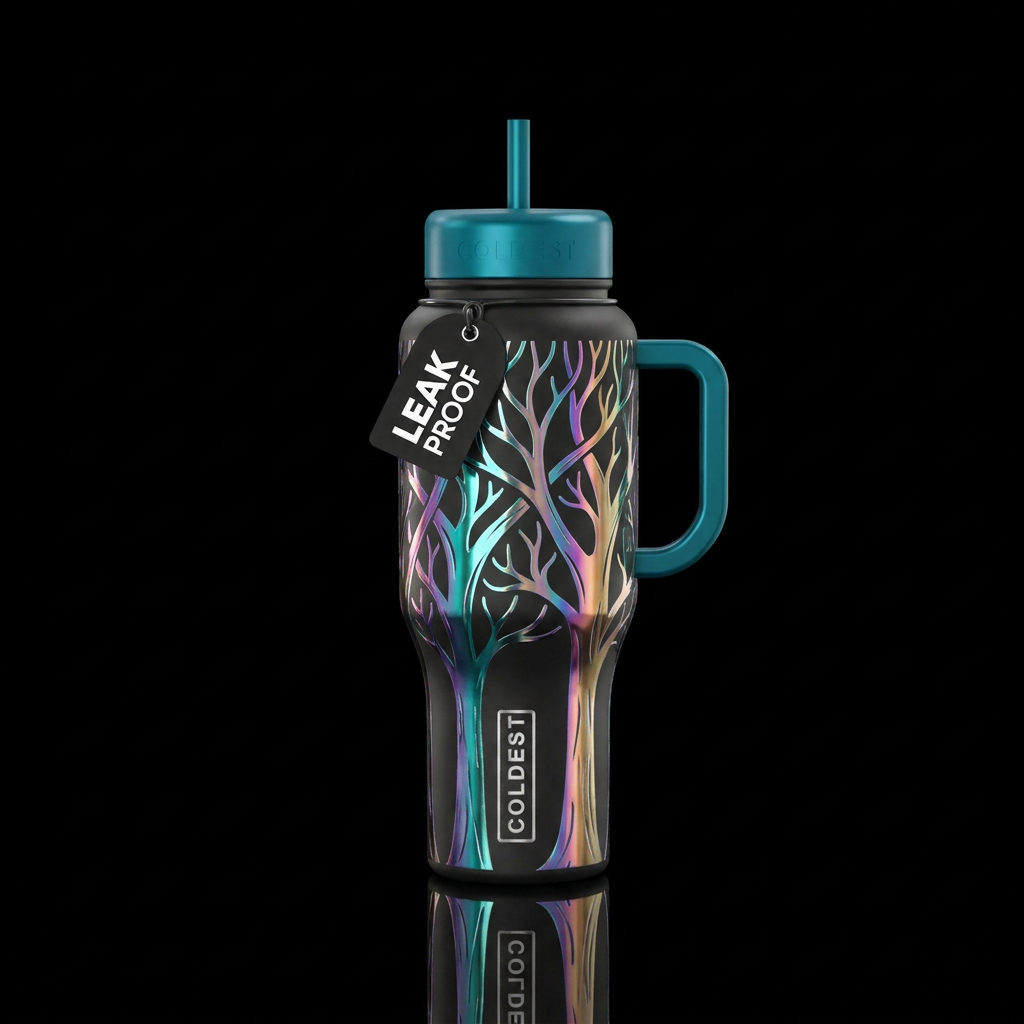 holographic, stylistic shiny trees water bottle design