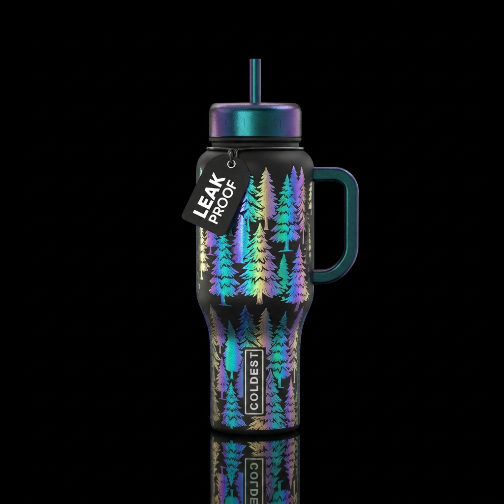 holographic, stylistic shiny trees water bottle design