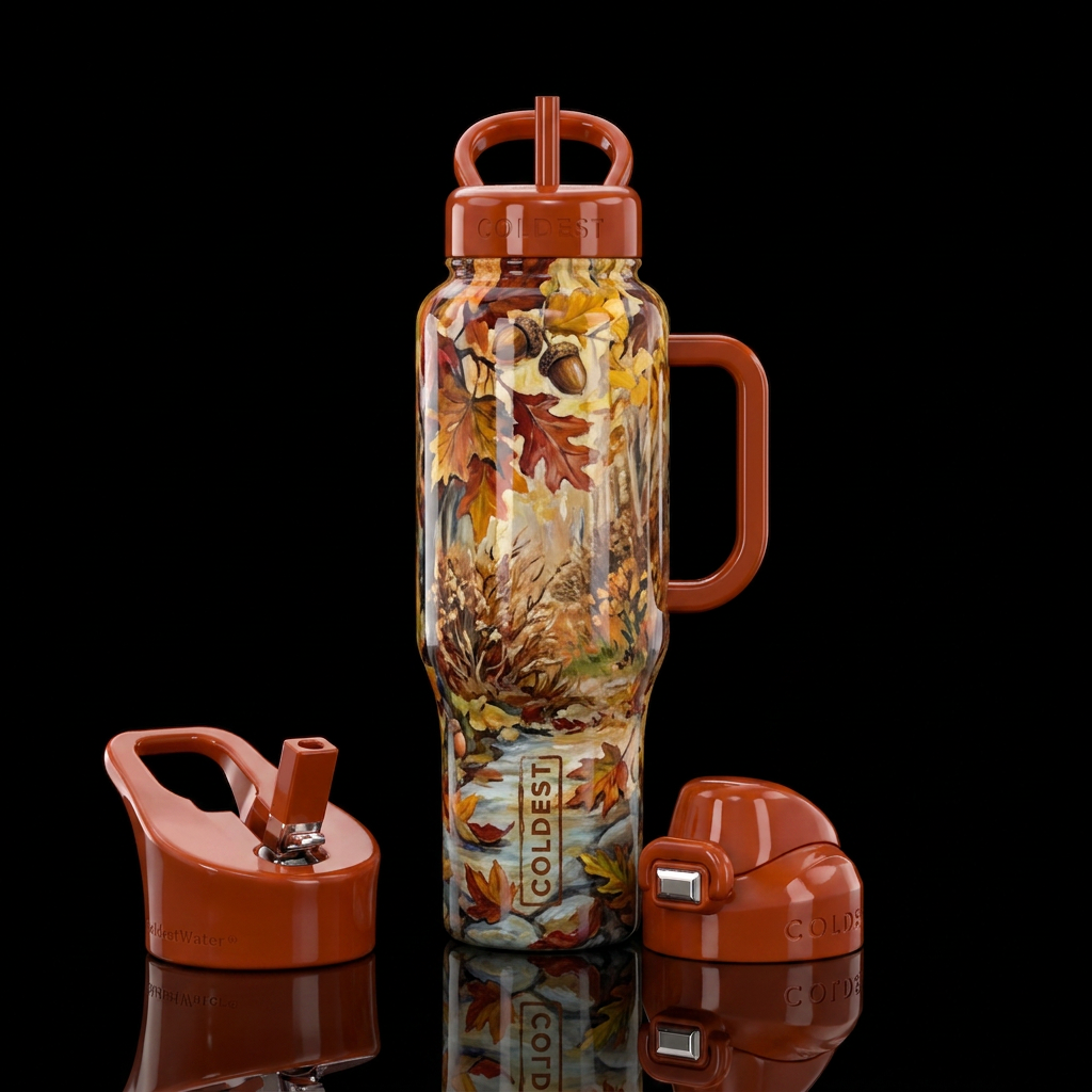 Make me a beautiful painting bottle for fall and h... water bottle design