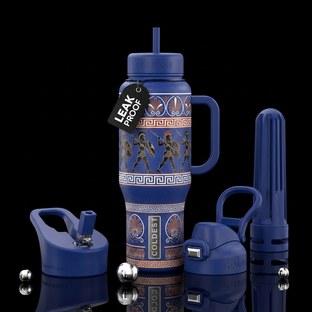 Make me a beautiful bottle inspired by Greek porce... water bottle design