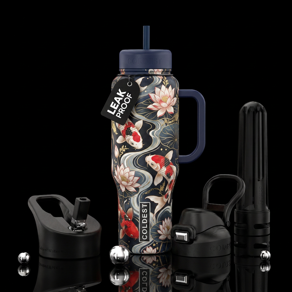 red, white, and black koi fish swimming through fl... water bottle design