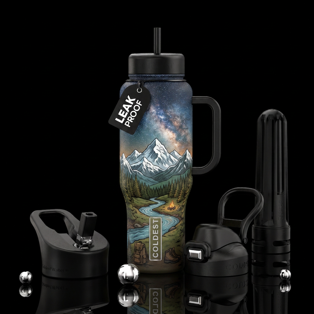 Mountain Adventure  Snow-capped alpine peaks, ever... water bottle design