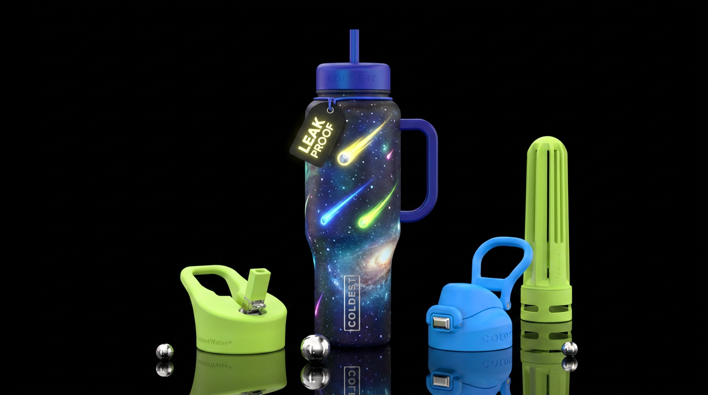 glowie neon yellow, neon blue, and neon lime green... water bottle design