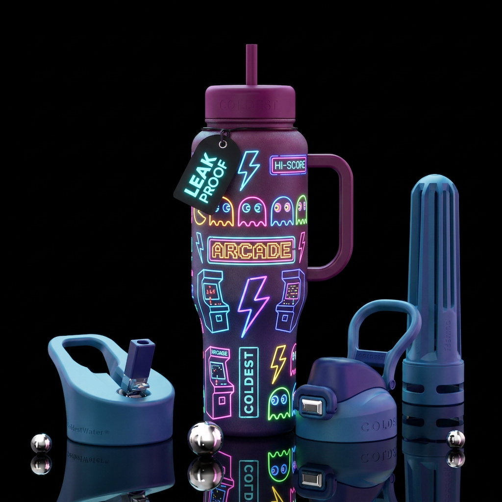 retro arcade neon signs water bottle design