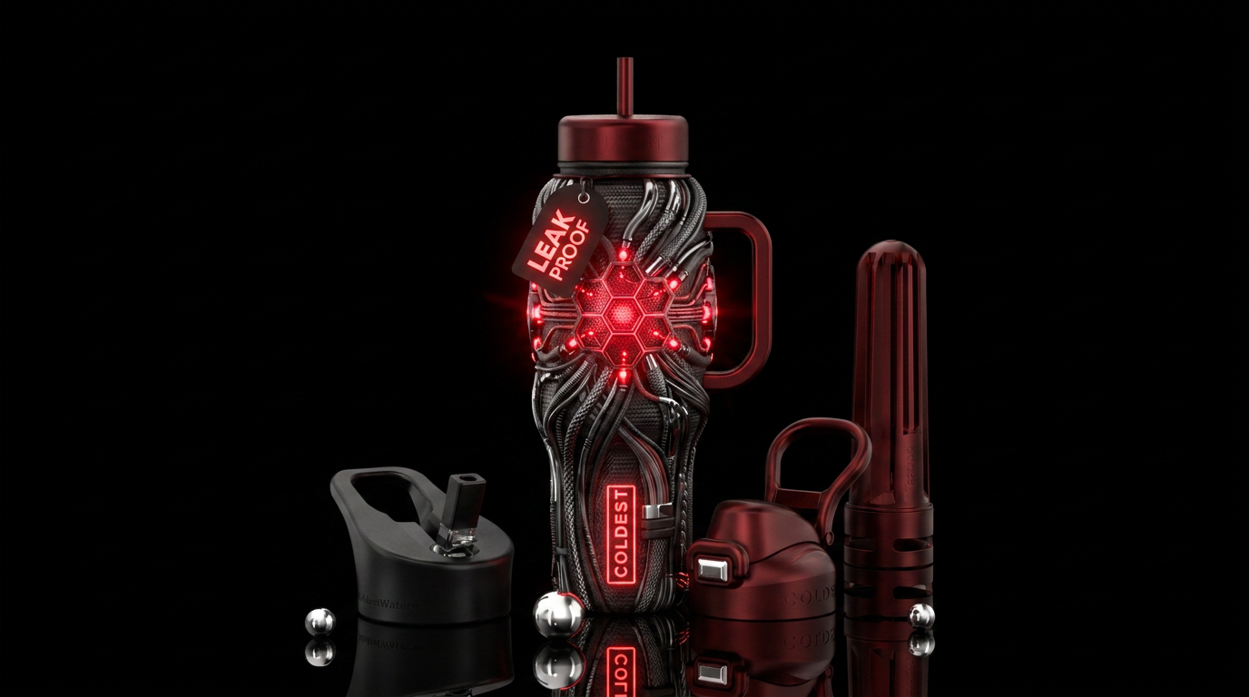 futuristic cables and robot wires around a glowing... water bottle design