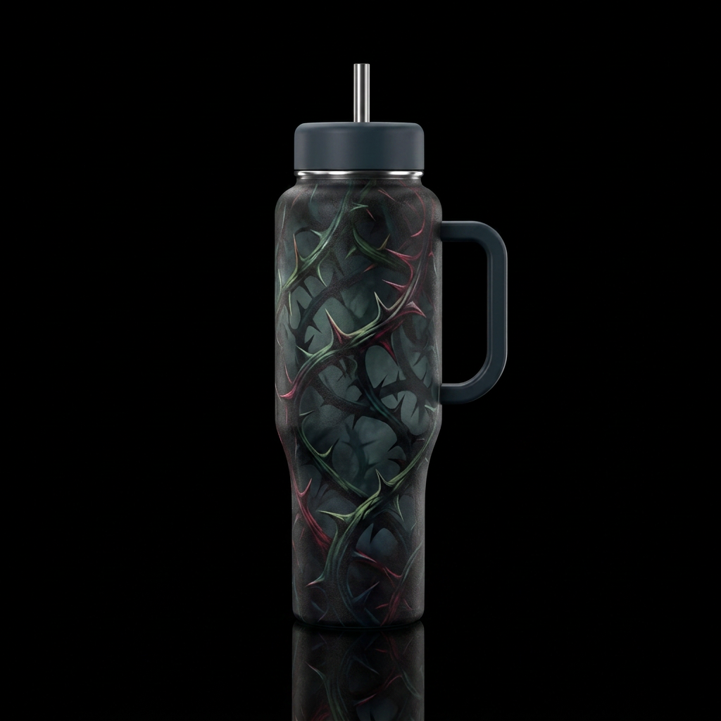 dark and twisted thorns snaking through a threshol... water bottle design