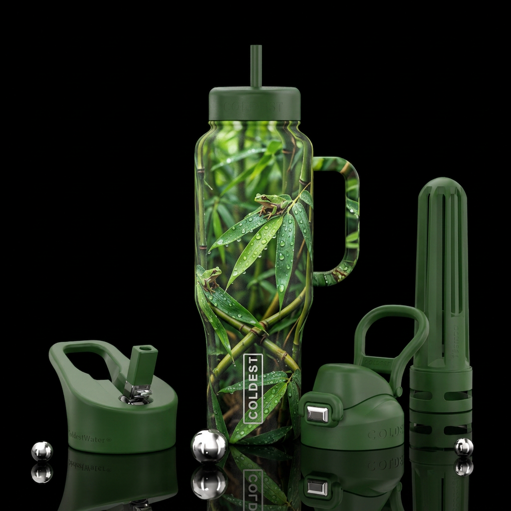 small green treefrogs sitting on the leaves of fre... water bottle design