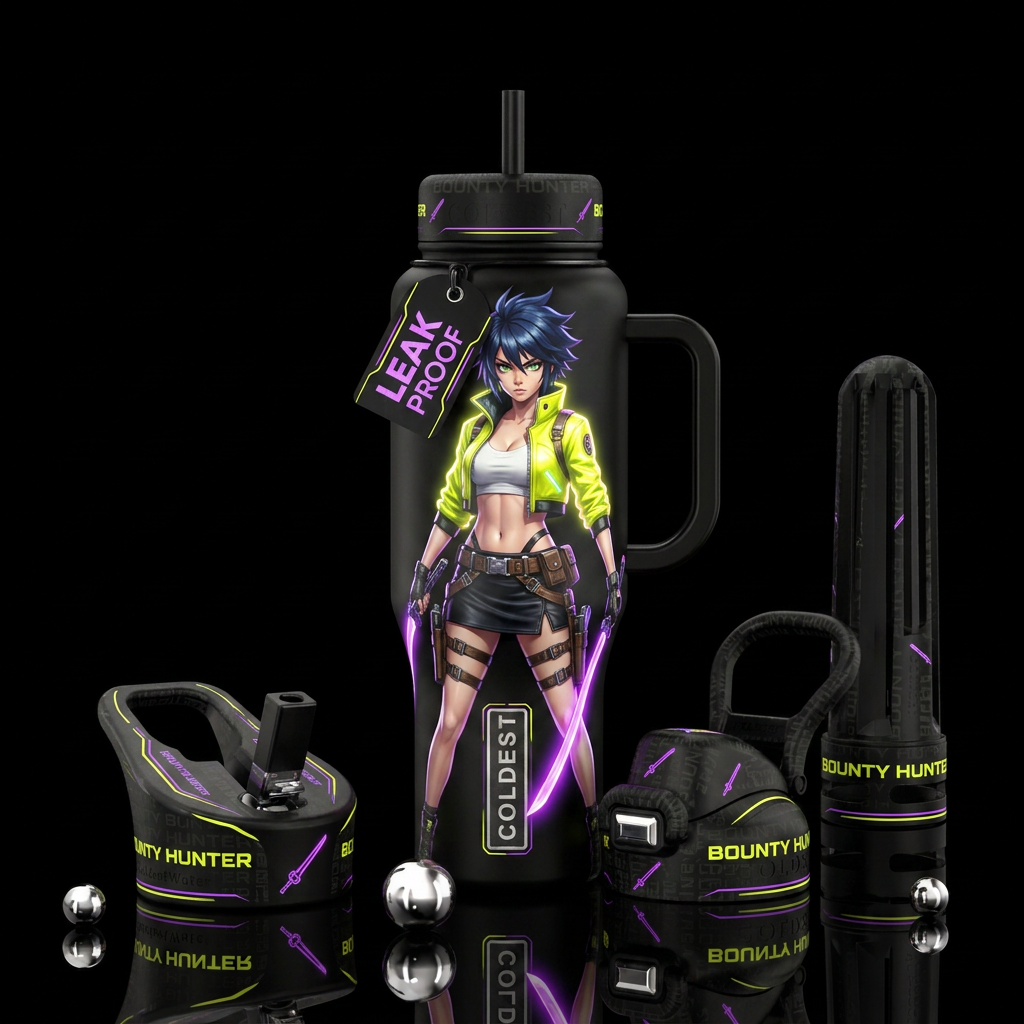 Futuristic bounty hunter anime girl wearing neon y... water bottle design