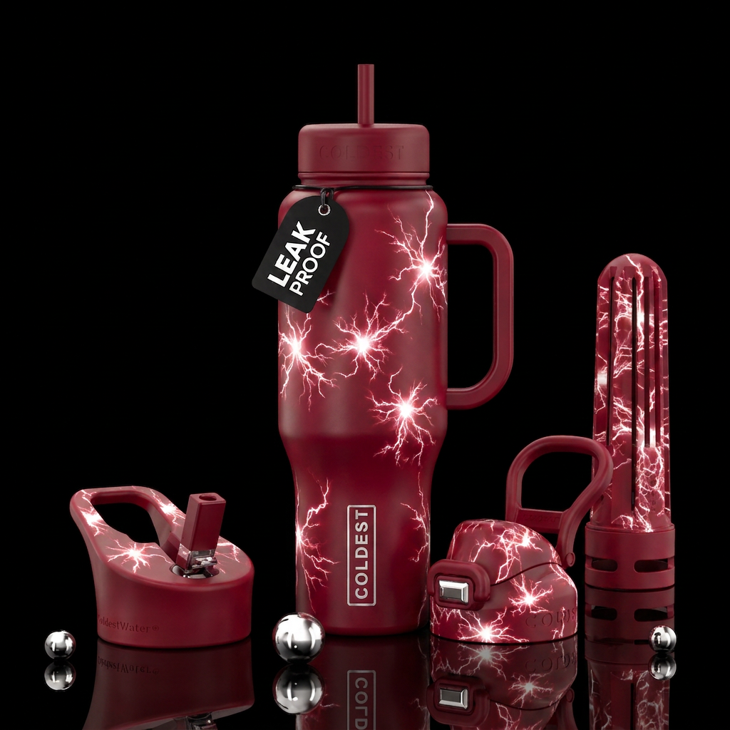 deep ruby red bottle. white plasma bursts scatteri... water bottle design