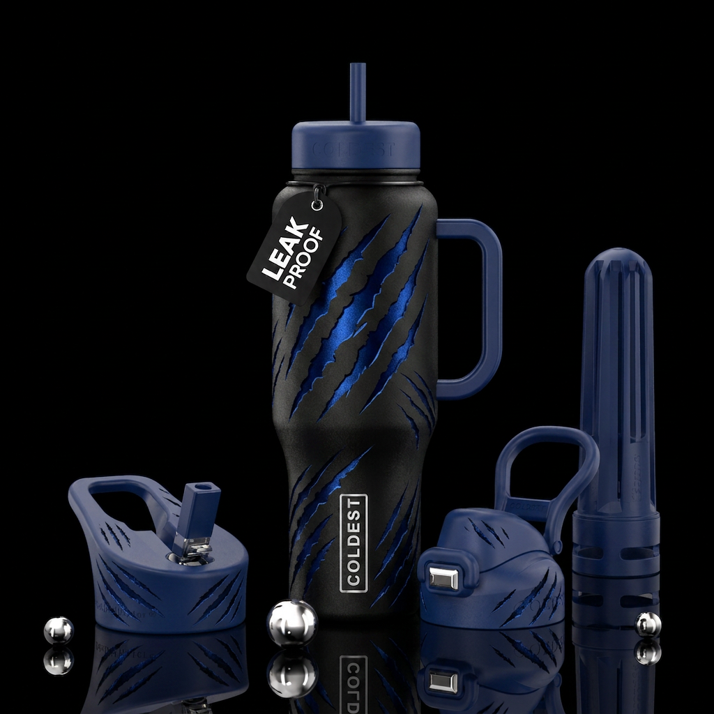 black bottle with midnight blue monster slashes an... water bottle design