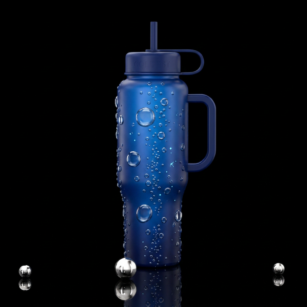 deep dark blue bottle covered in air bubbles risin... water bottle design