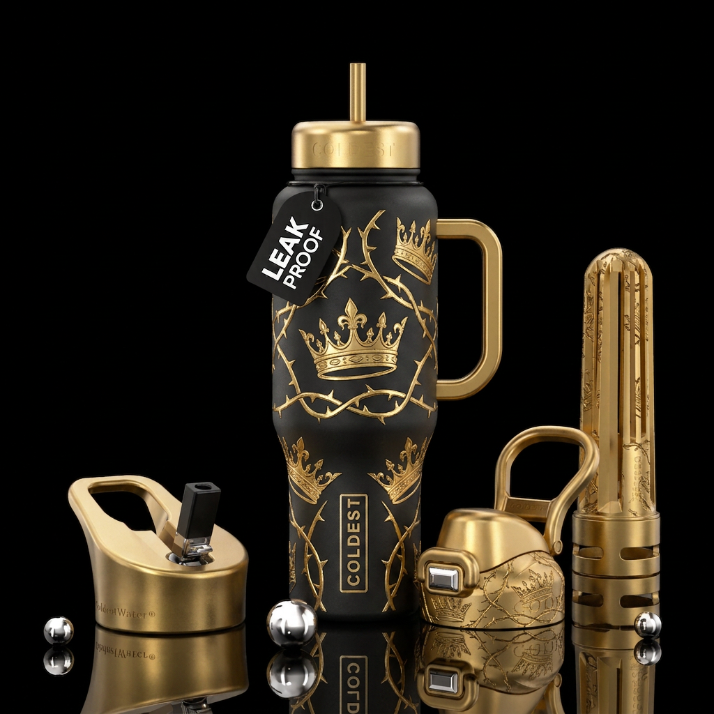 guilded gold crowns and thorns water bottle design