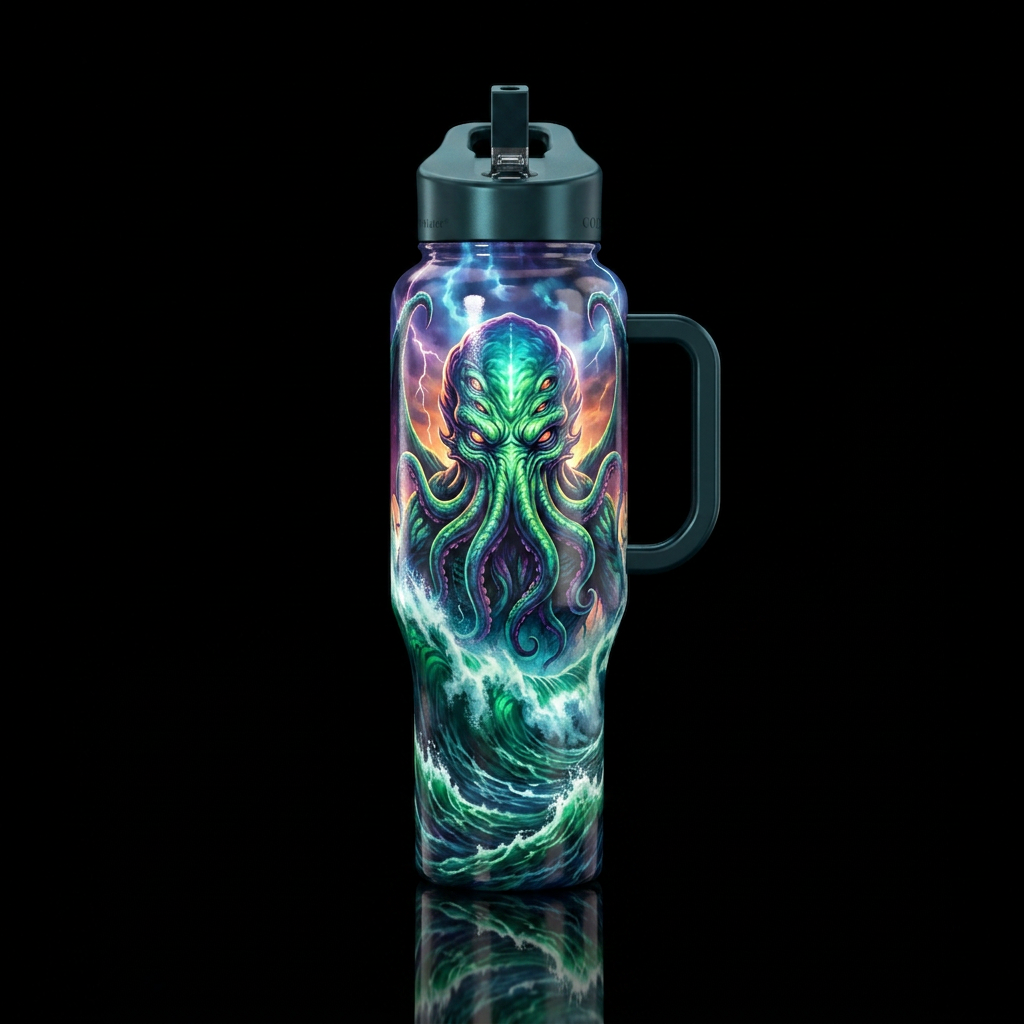 cthulu rising from the storym deep water bottle design