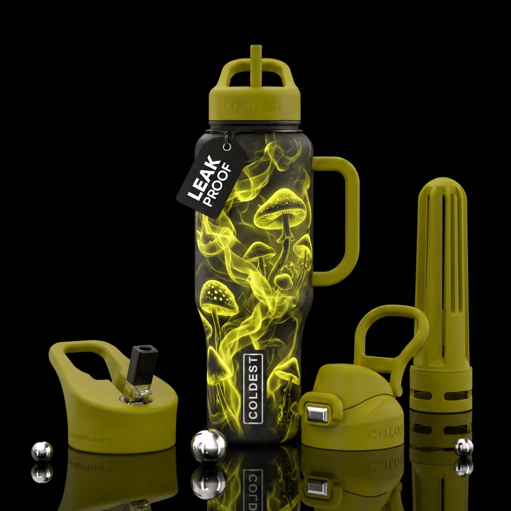 glowing toxic yellow smoke engulfing poisonous mus... water bottle design