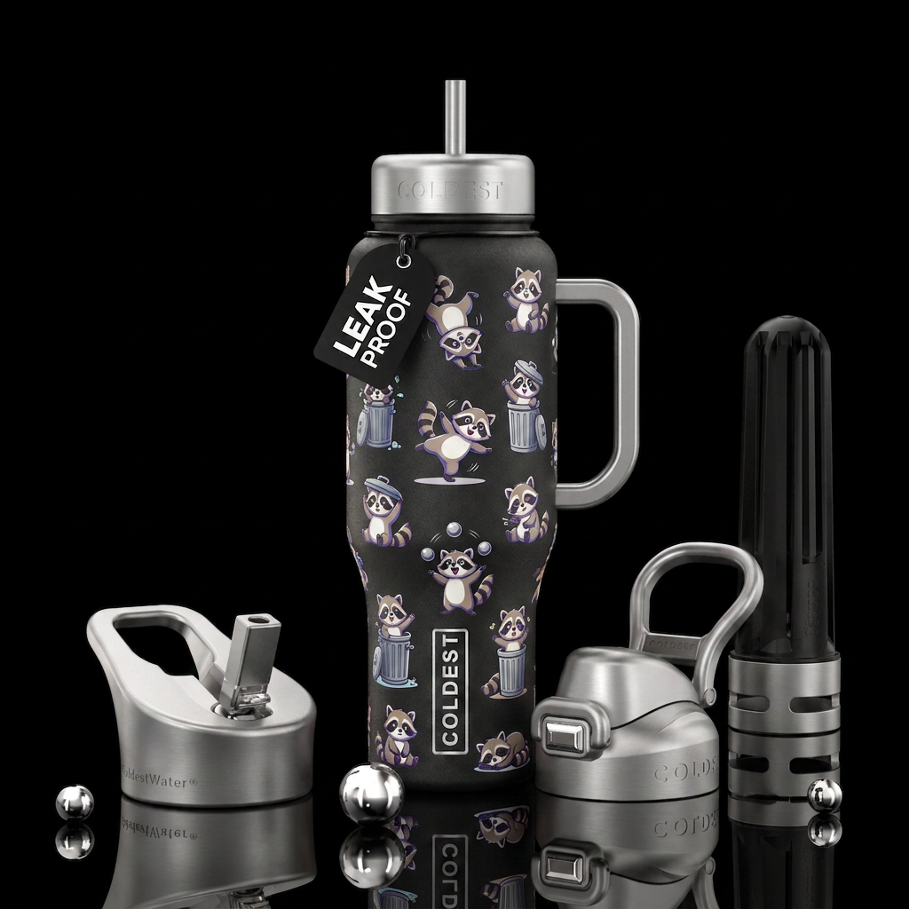 black bottle with baby cartoon racoons doing funny... water bottle design