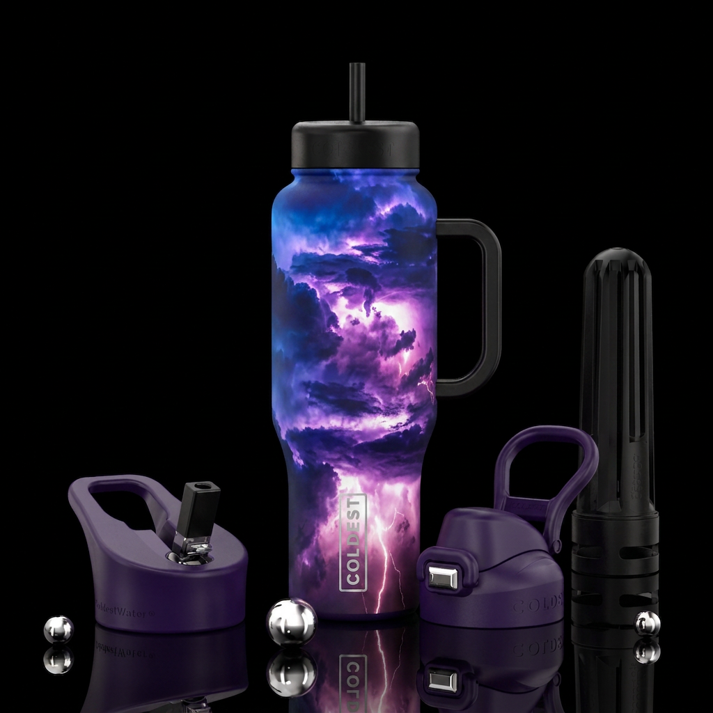 night sky in a crazy summer rain storrm. Flashes o... water bottle design