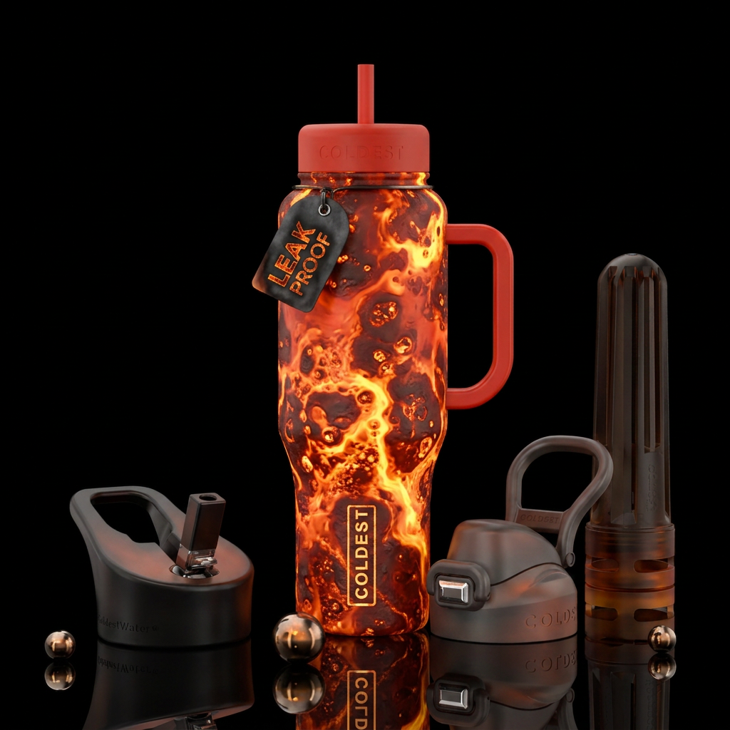 Fire red bottle with bubbling magma and lava. water bottle design