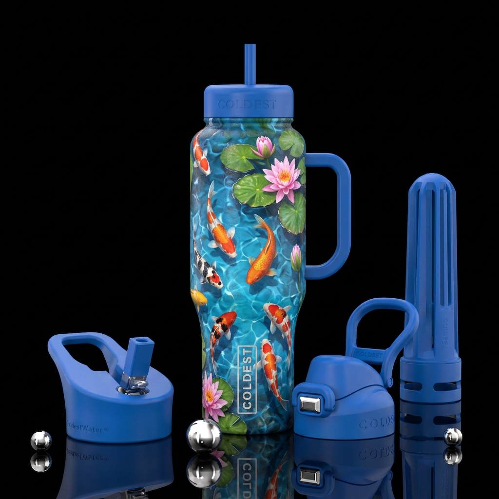 Top down view of koi fish swimming in crystal clea... water bottle design