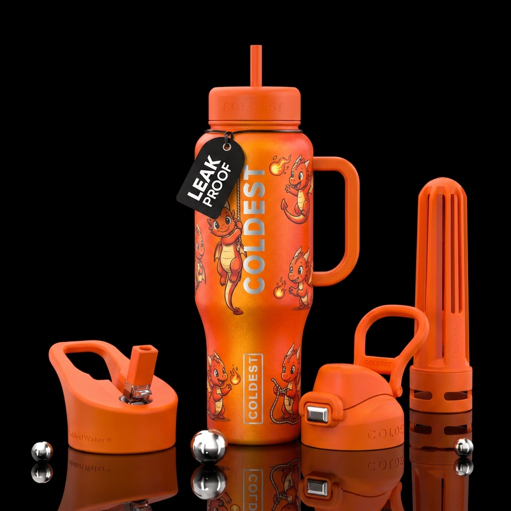 Fiery orange bottle. Baby cartoon dragons getting ... water bottle design