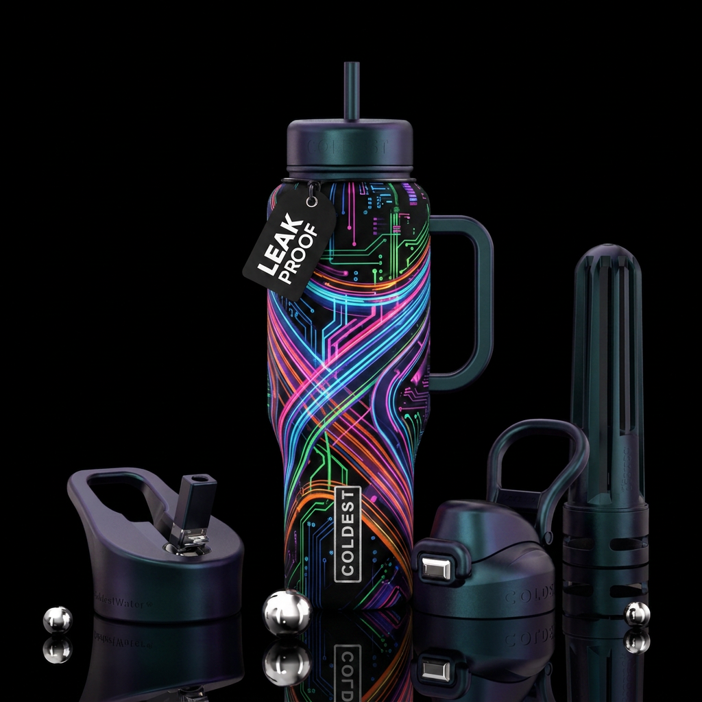 Soho colors time lapsed raceways on a jet black bo... water bottle design
