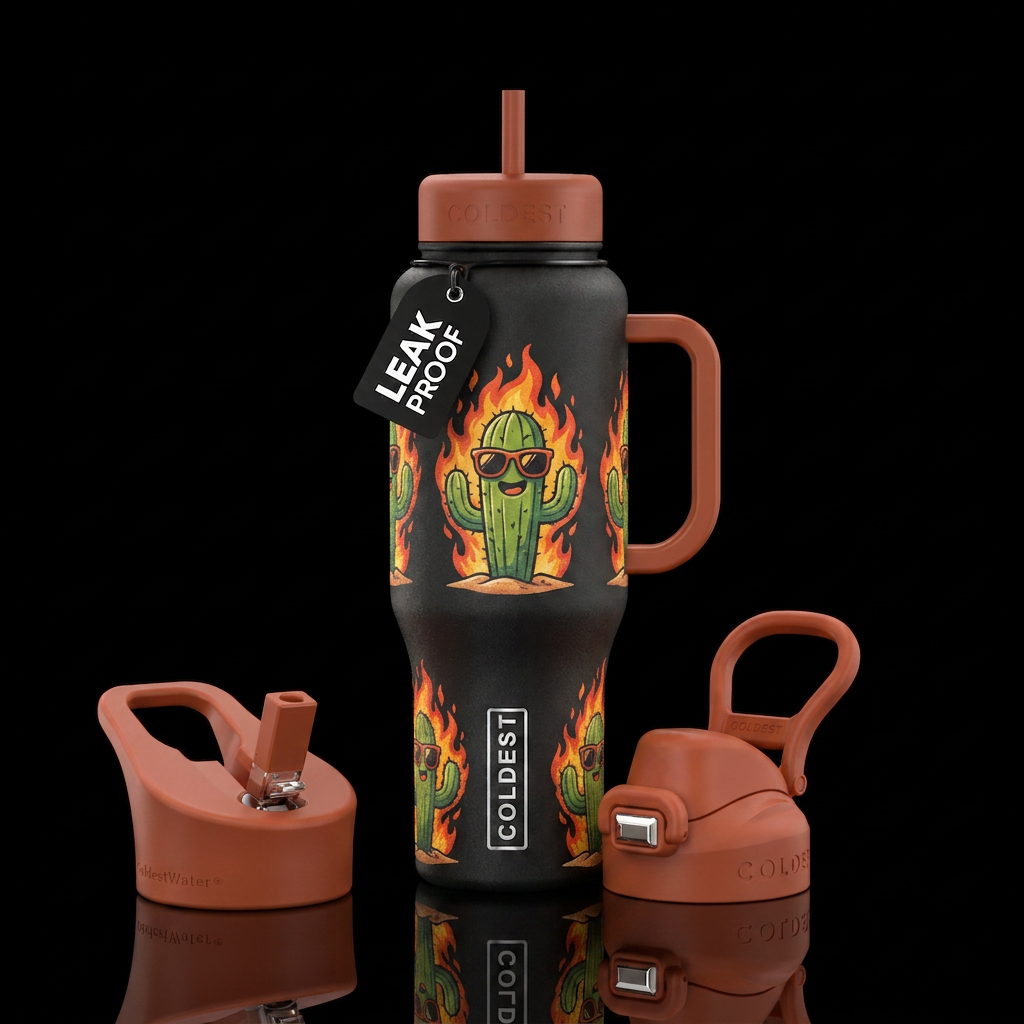 Cartoon cactii  burning in fire wearing sunglass o... water bottle design