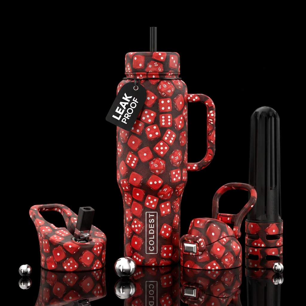 Black bottle covered in red gaming dice with white... water bottle design