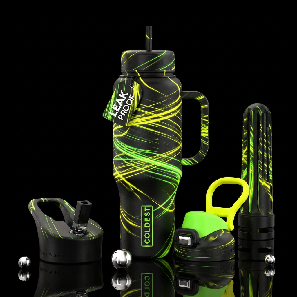 Black bottle with neon yellow and neon green strea... water bottle design