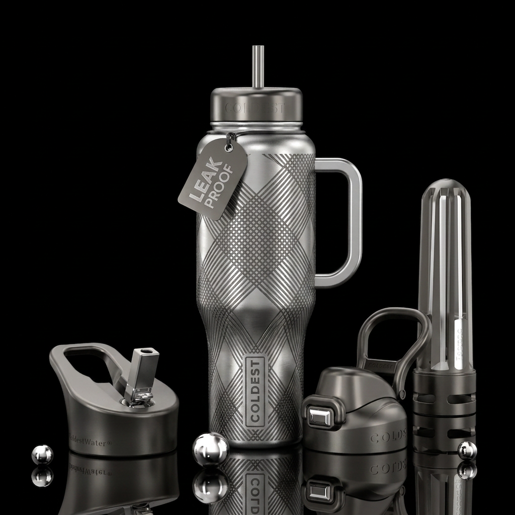 Silver bottle with gunmetal cross hatch wrapping t... water bottle design