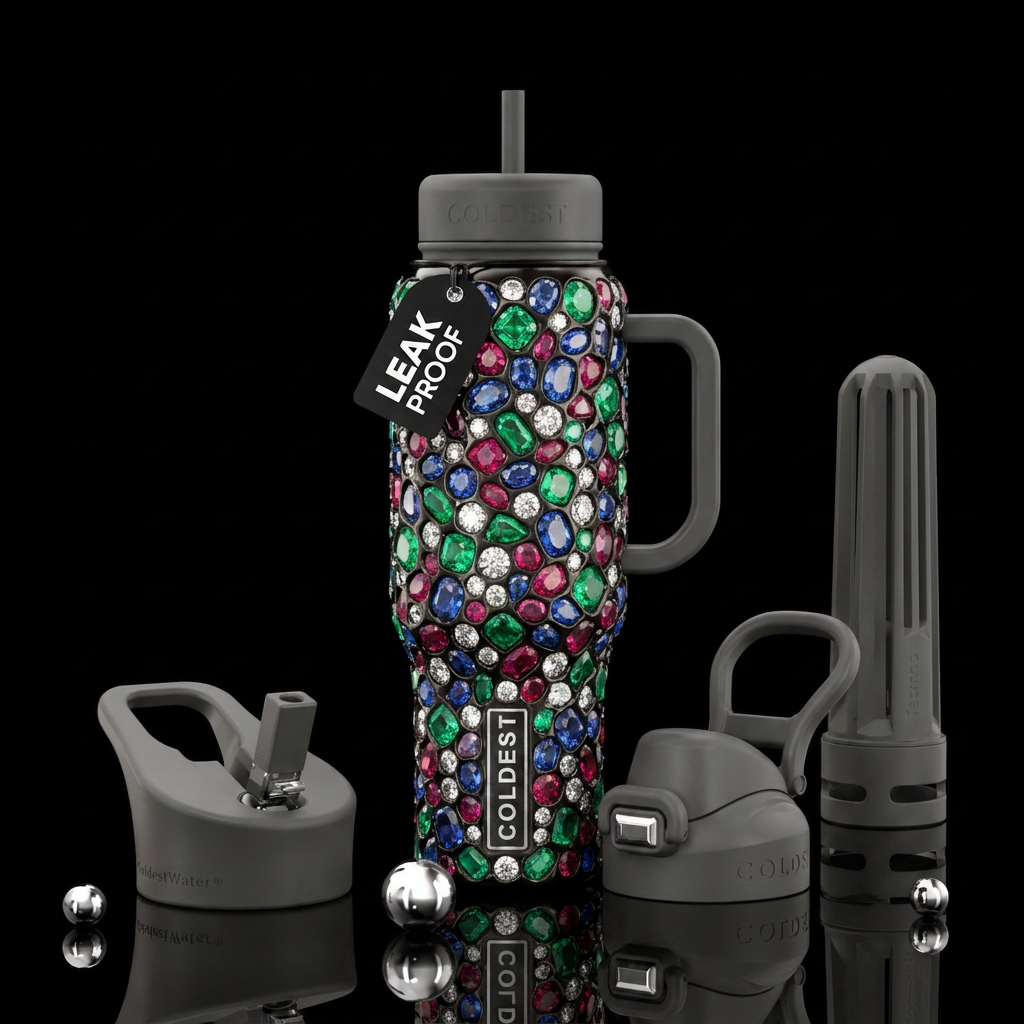 Metallic black bottle with marvelous, bright emera... water bottle design
