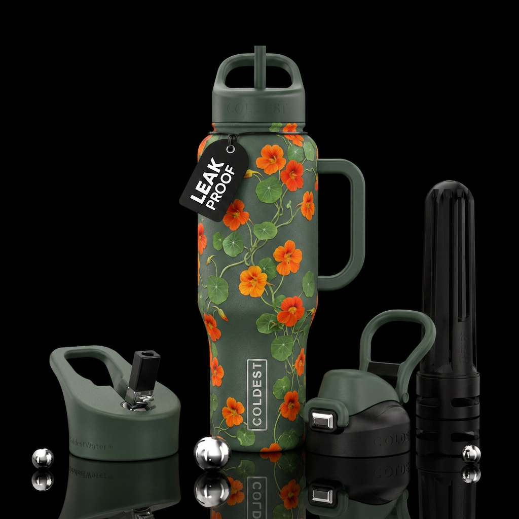 Dark, matte, sage freen bottle with bright orage v... water bottle design