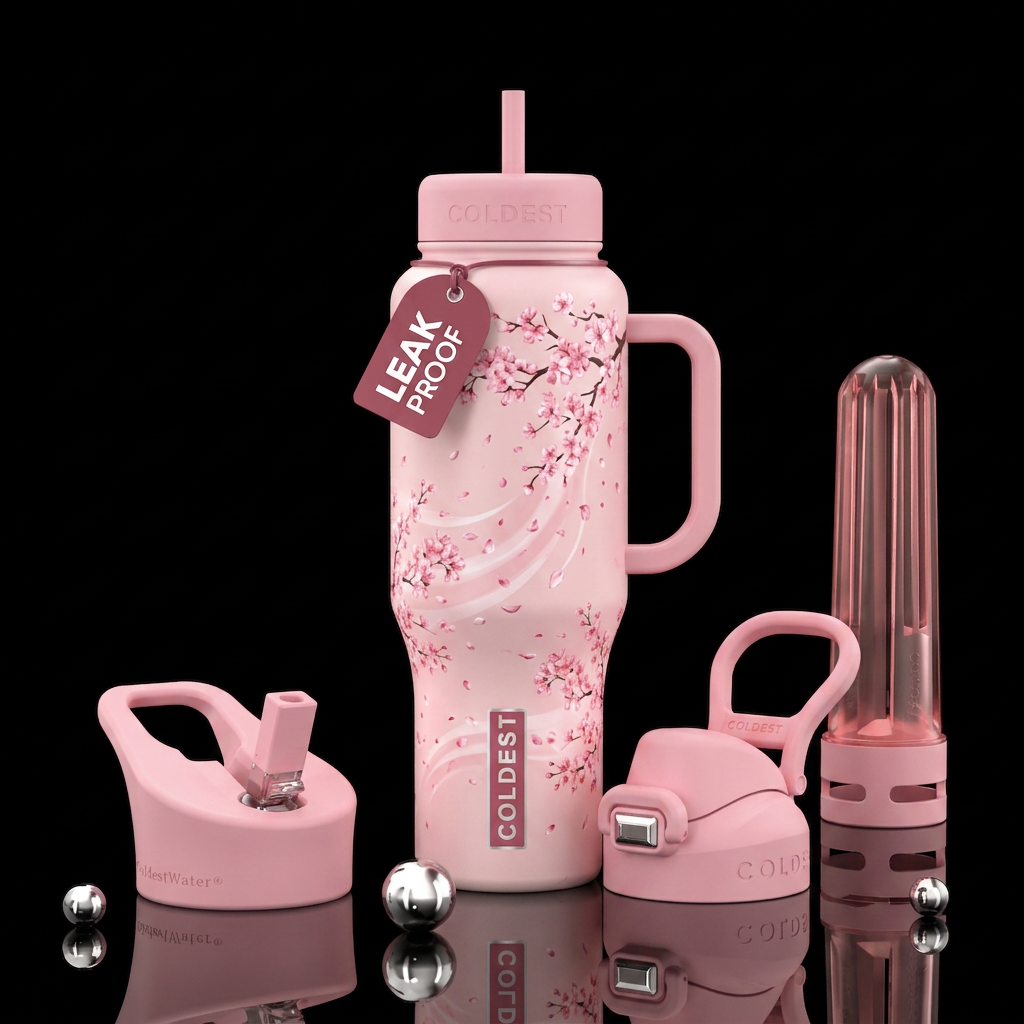 Creamy pink bottle with a sukara cherry tree in bl... water bottle design