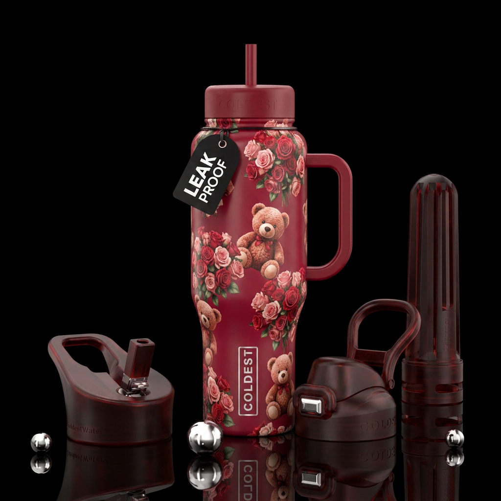Ruby red bottle wrapped in rose bouquets and teddy... water bottle design