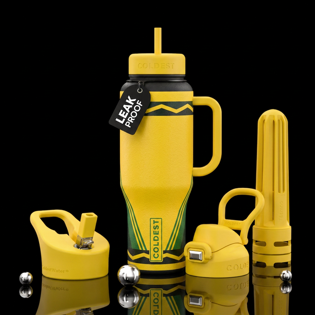 Bottle resembles a yellow Crayola crayon wrapperbu... water bottle design