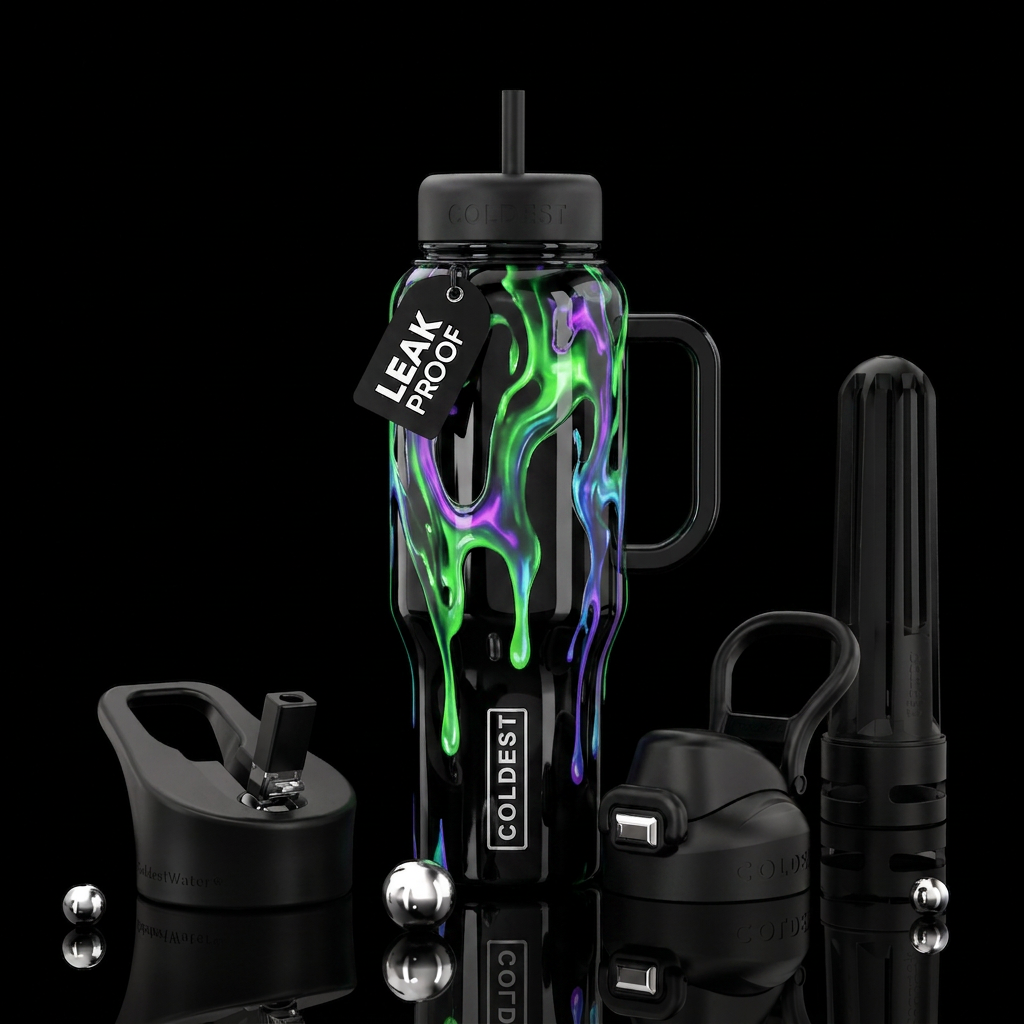 Glossy black bottle with paranormal ectoplasm drip... water bottle design