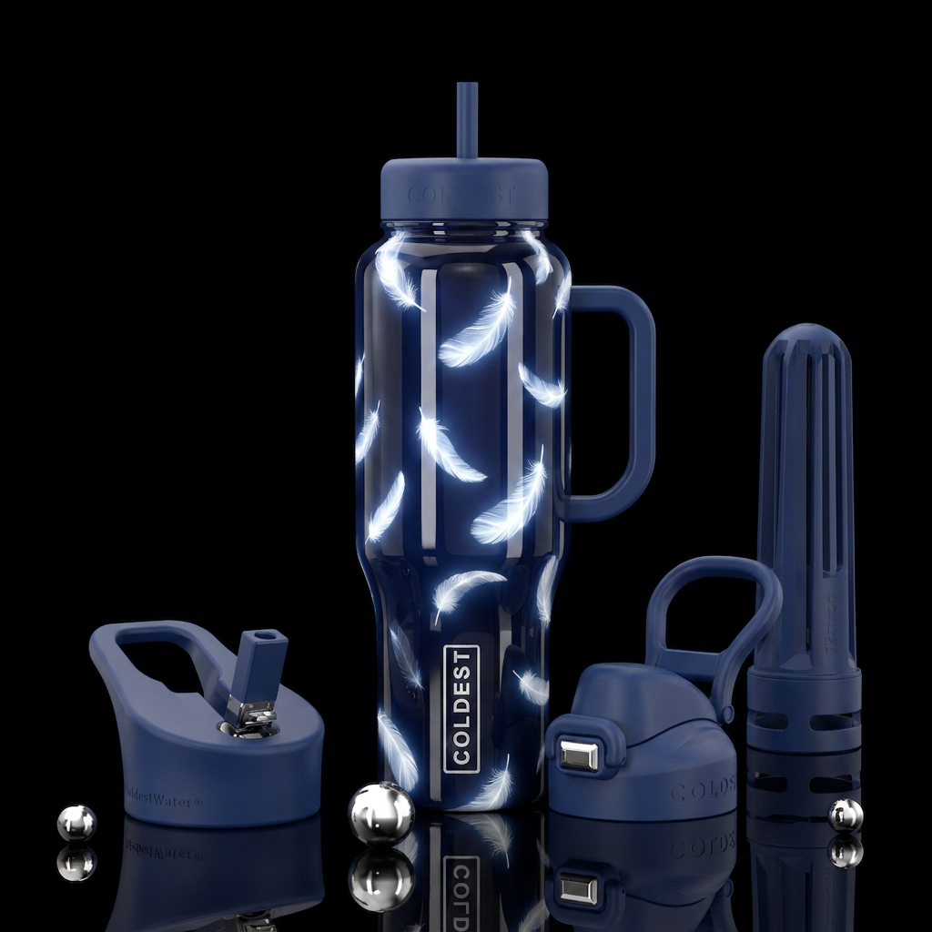 Glossy dark blue bottle with falling white glowing... water bottle design