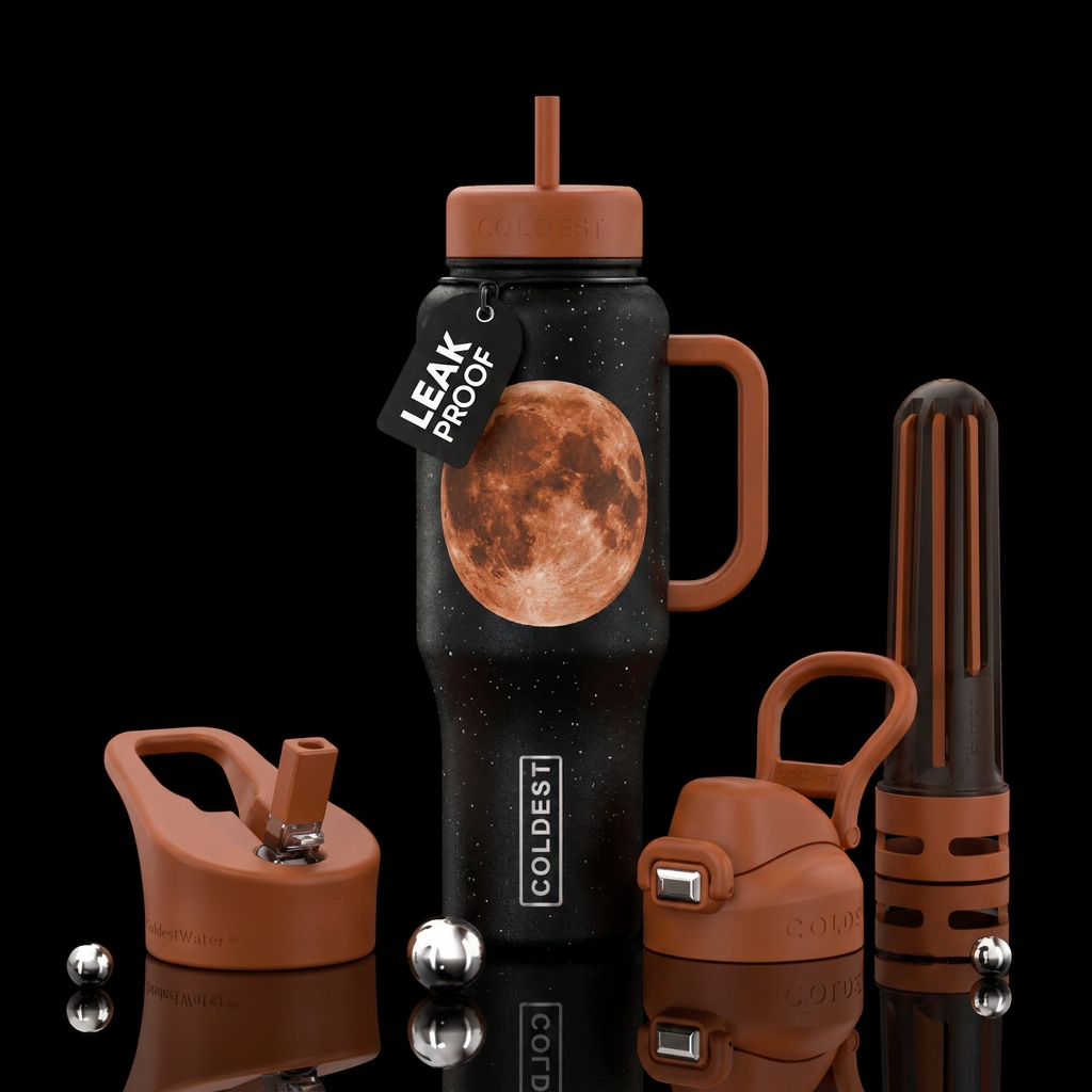 Rust colored moon in the black night sky water bottle design