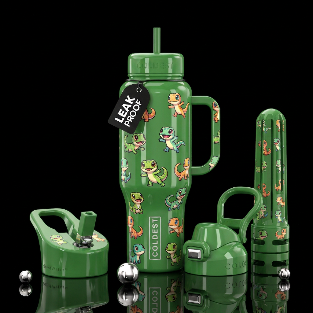 Glossy green bottle with little chibi cartoon geck... water bottle design