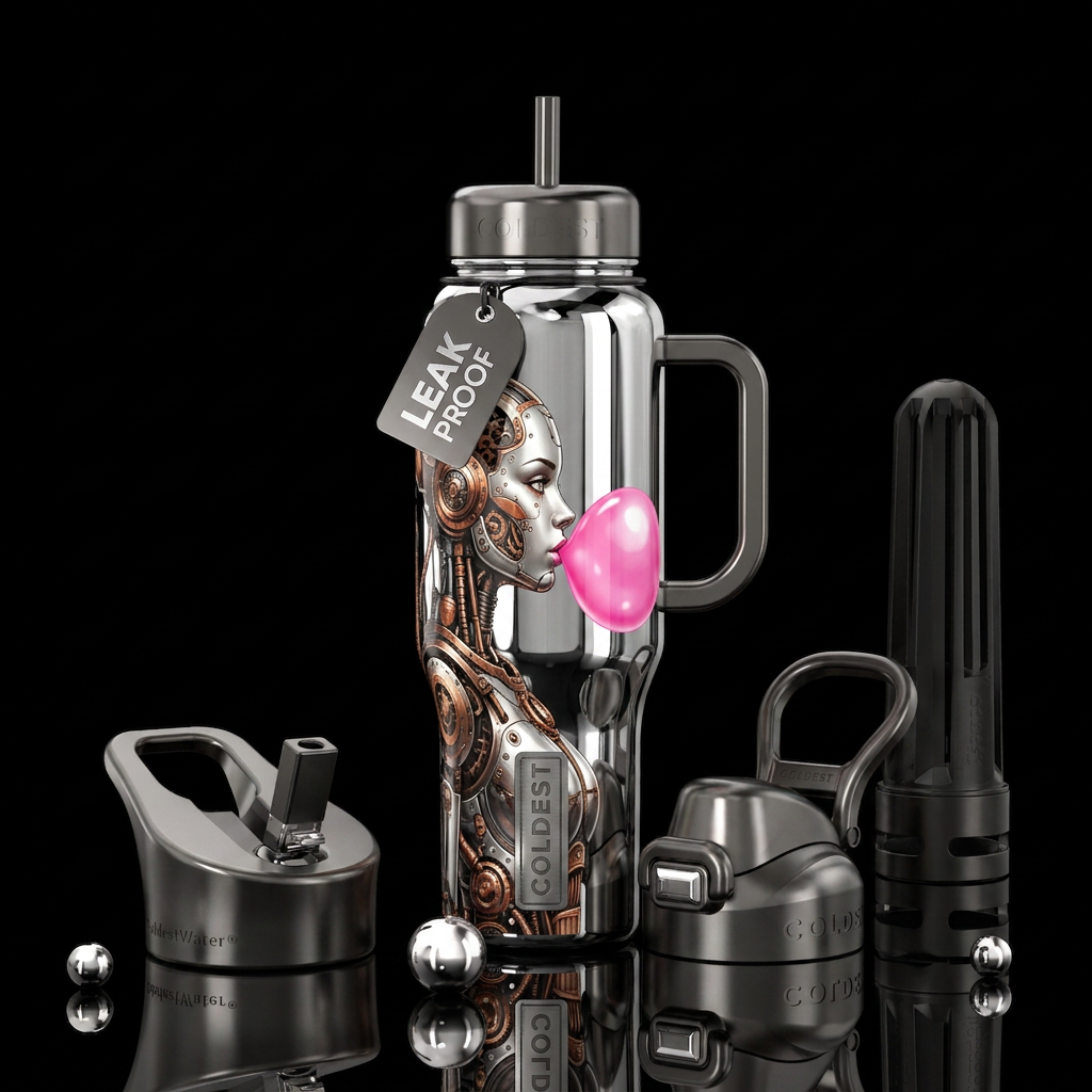 Dystopian, steampunk, android girl side  face prof... water bottle design