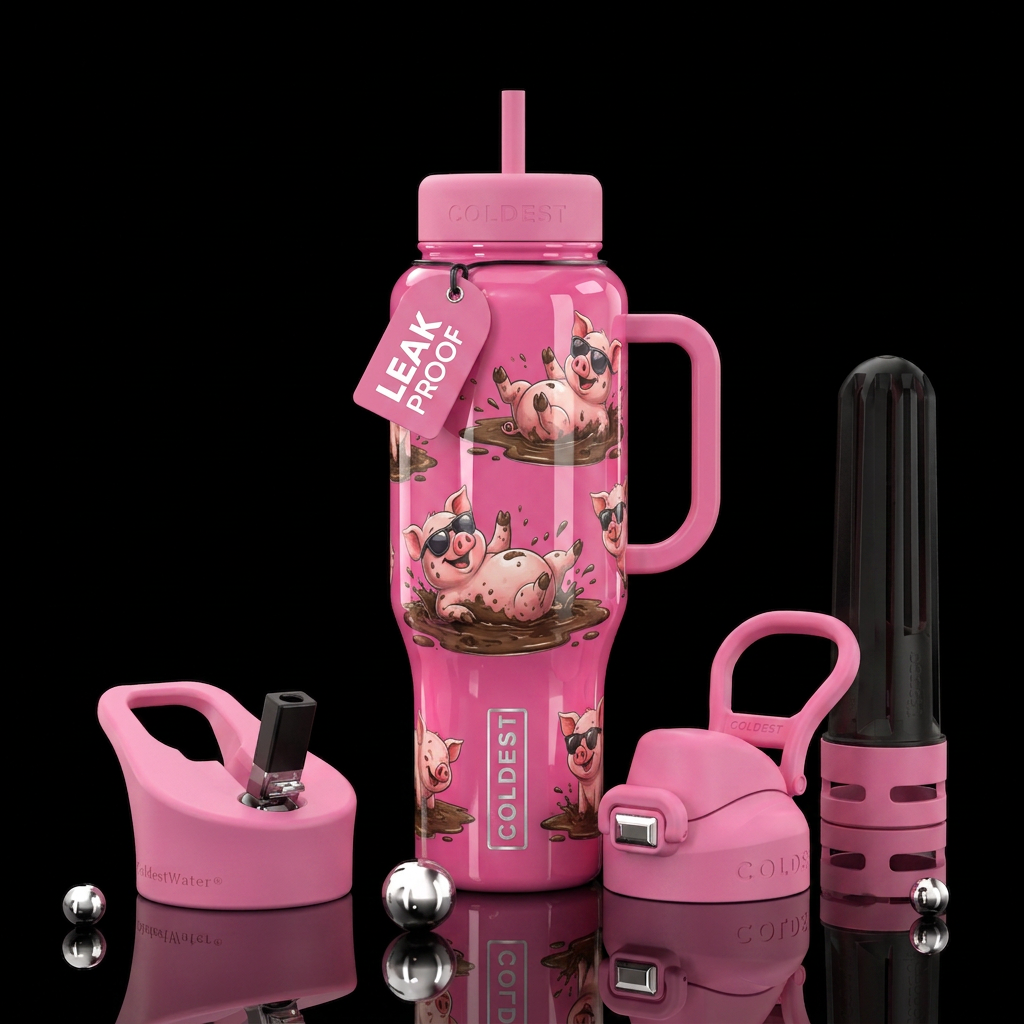 Glossy pink bottle with cartoon pigs wearing sungl... water bottle design
