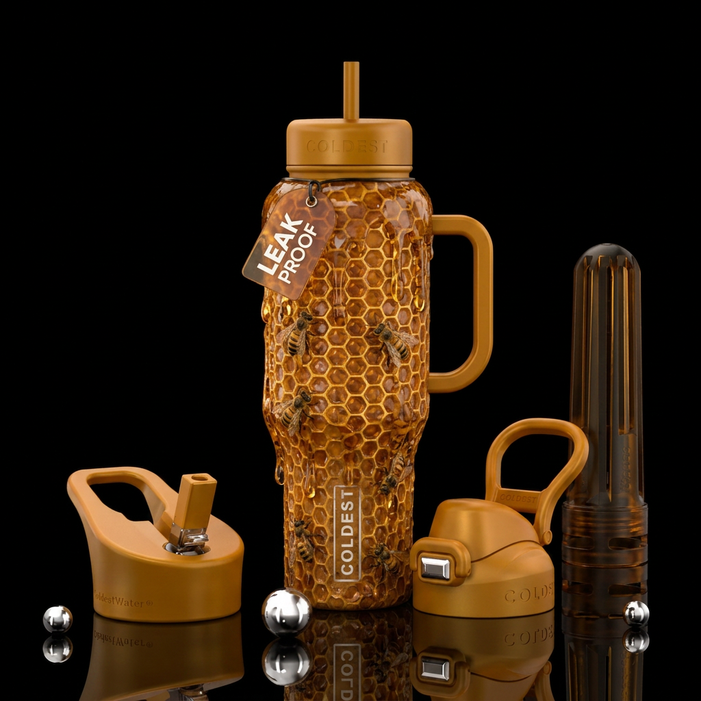 Bottle wrapped in honeycomb with honey bees in dri... water bottle design