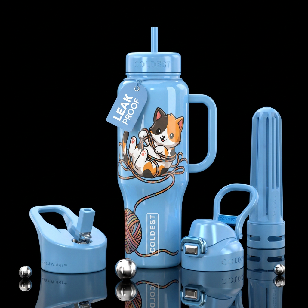 Baby cartoon calico  kitten getting tangled up in ... water bottle design