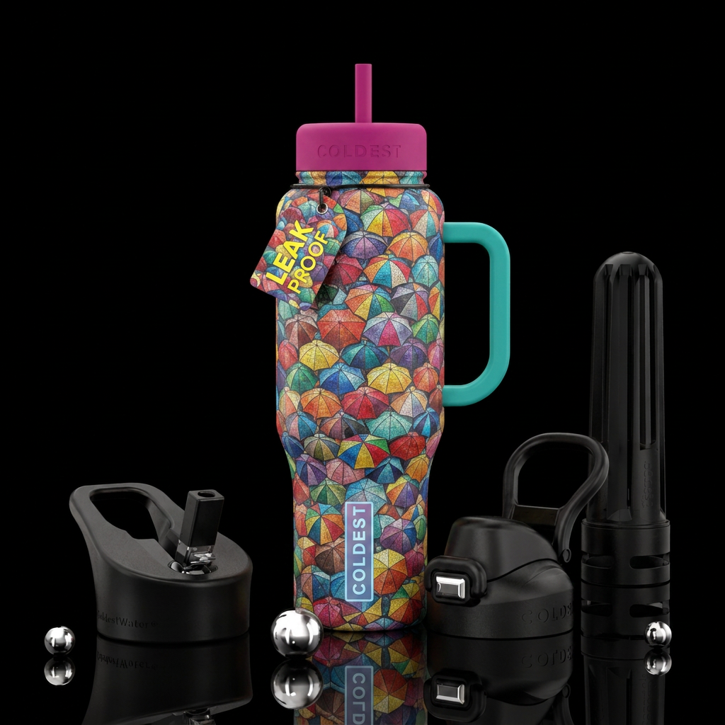 Bottle wrapped in a mosaic design of color d umbre... water bottle design