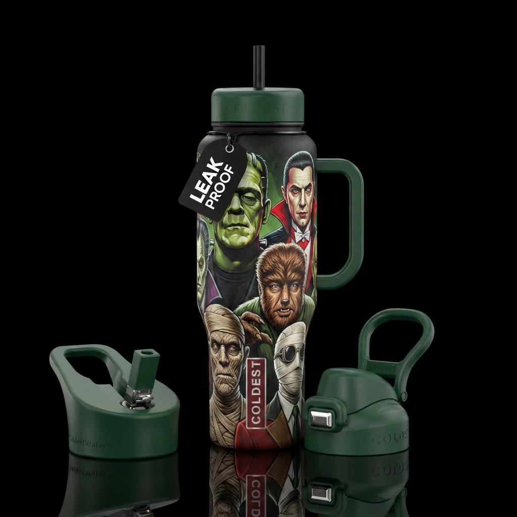 Bottle wrapped in the monsters. Frankenstein, Drac... water bottle design