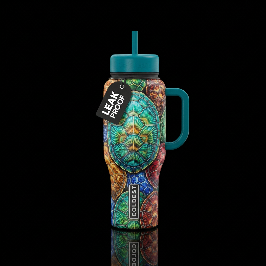 Mosaic of turtle shells covering the bottle. water bottle design