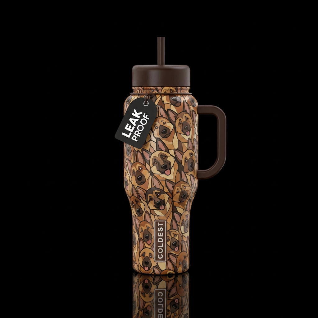 Mosaic of cartoon German shepherds tilting heads water bottle design