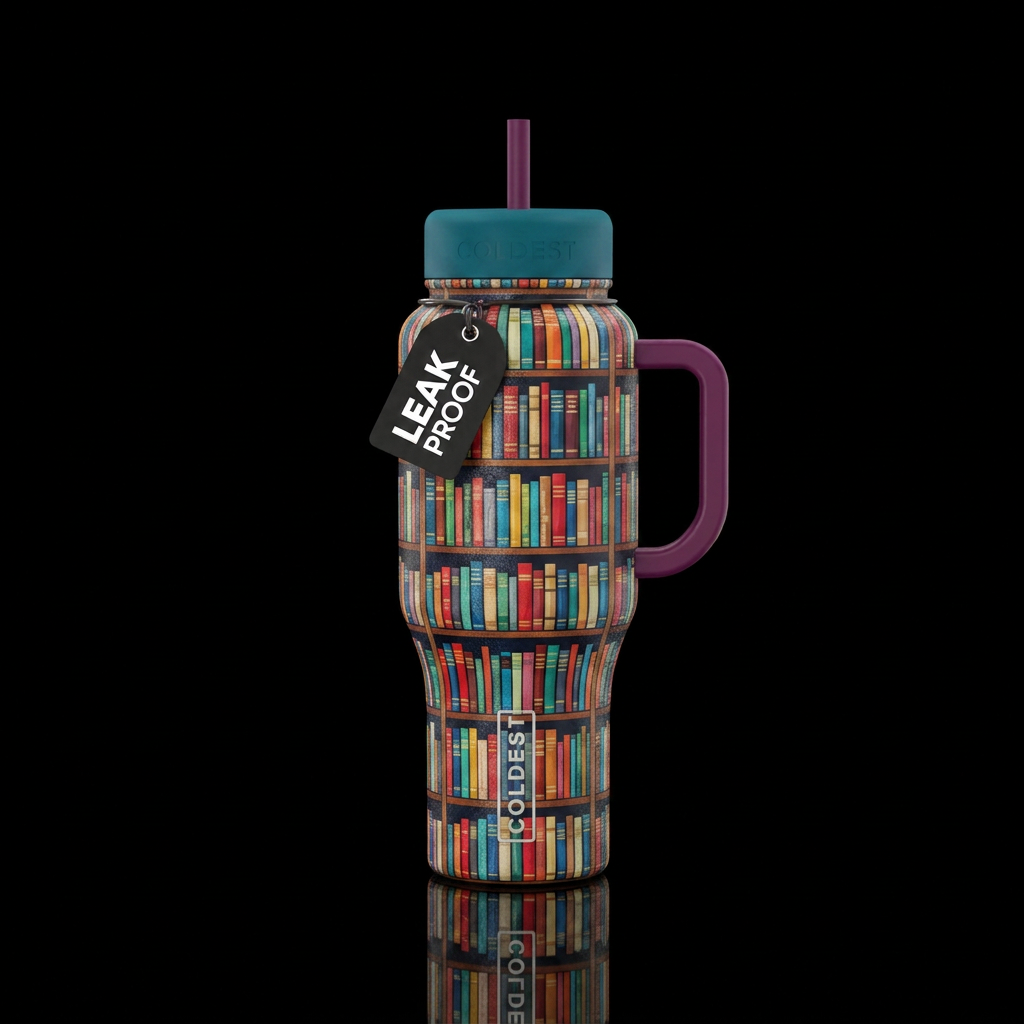 Mosaic book spines on bookshelves water bottle design