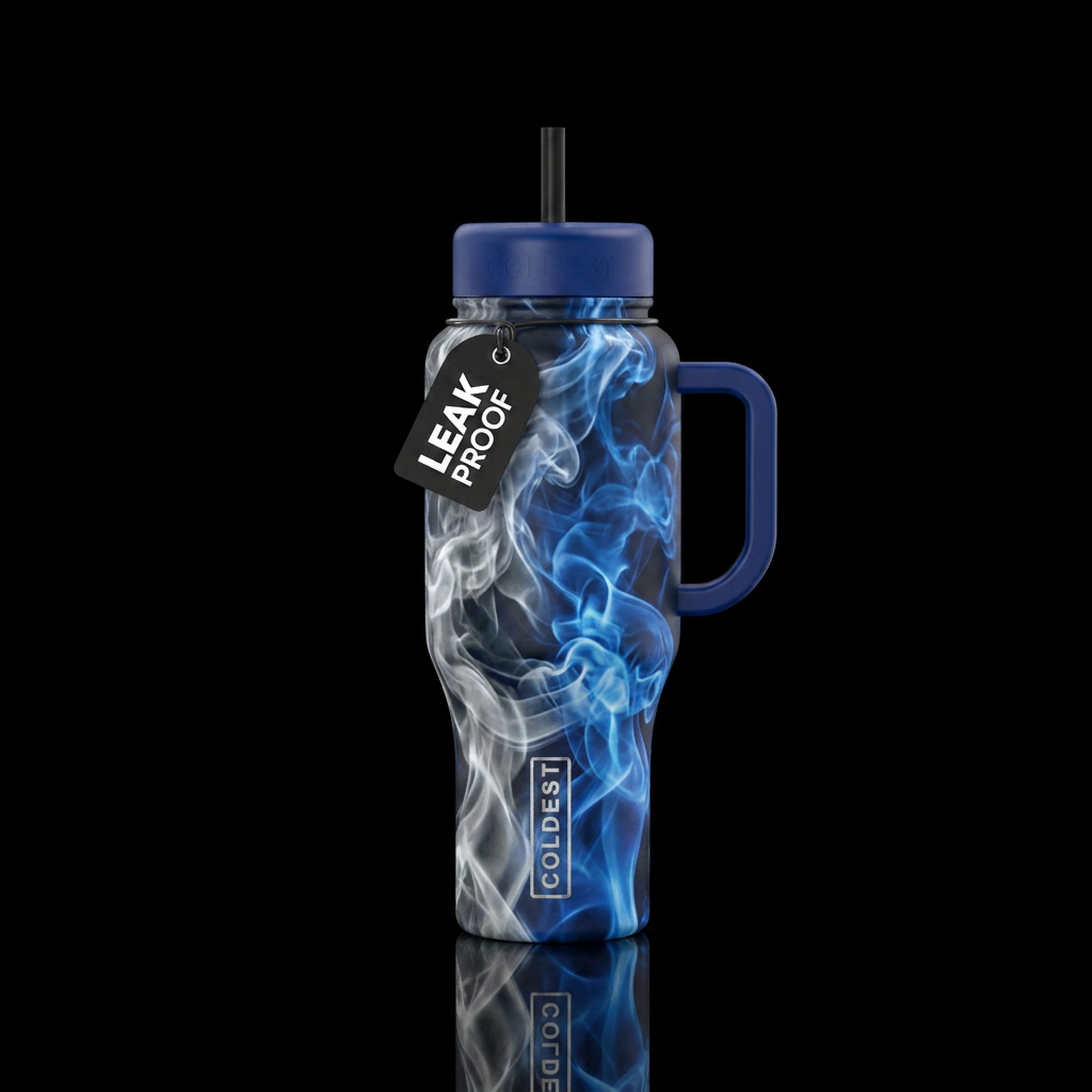 Poof! Billowing swirls of silver and electric blue... water bottle design
