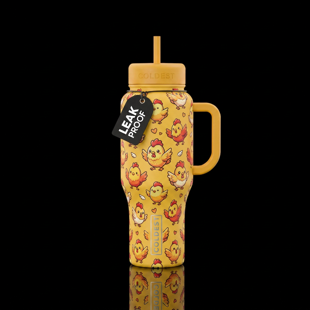Cute chibi cartoon chickens fluttering everywhere water bottle design